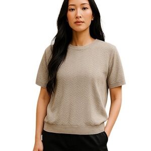 NWT Alfred Dunner Medium Beige Short Sleeve Knit Sweater Minimalist Coastal